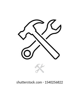 Hammer and wrench icon vector in outline style