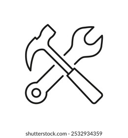 Icono de línea de martillo y llave inglesa para servicios de construcción y reparación. Símbolo de contorno de la herramienta de reparación y mantenimiento. Signo de Asistencia técnica. Trazo Editable. Ilustración vectorial aislada.