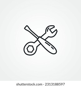 Hammer and wrench line icon. Repair crossed tool linear icon.