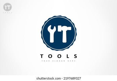 Hammer and wrench logo vector. Working tool design.