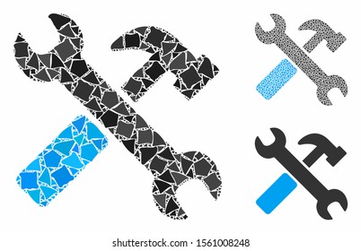 Hammer and wrench mosaic of raggy elements in variable sizes and color hues, based on hammer and wrench icon. Vector irregular elements are composed into mosaic.