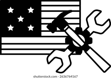 A hammer and wrench are on a black and white American flag. The hammer and wrench are symbols of repair and maintenance. The flag represents the United States and its values