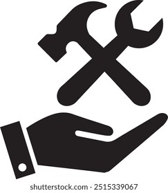 Martillo y llave en el icono de Vector de la mano. Herramientas de construcción 