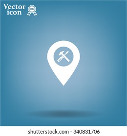 hammer and wrench on map pointer. vector illustration.