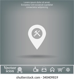 hammer and wrench on map pointer.vector illustration.