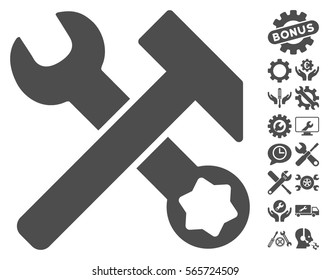 Hammer and Wrench pictograph with bonus options icon set. Vector illustration style is flat iconic gray symbols on white background.