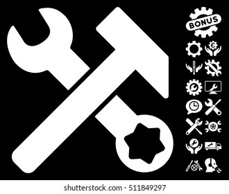 Hammer and Wrench pictograph with bonus settings graphic icons. Vector illustration style is flat iconic white symbols on black background.