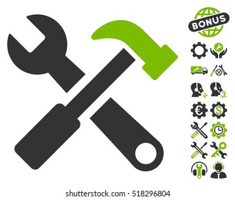 Hammer and Wrench pictograph with bonus setup tools icon set. Vector illustration style is flat iconic eco green and gray symbols on white background.