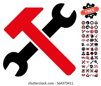 Hammer and Wrench pictograph with bonus setup tools pictures. Vector illustration style is flat iconic intensive red and black symbols on white background.