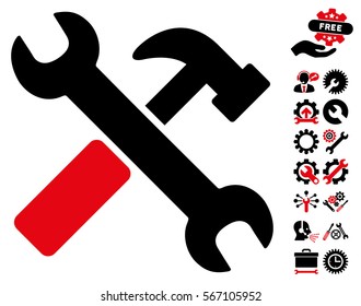 Hammer and Wrench pictograph with bonus tools design elements. Vector illustration style is flat iconic intensive red and black symbols on white background.