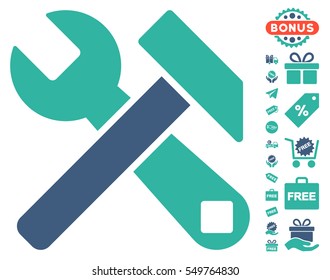 Hammer and Wrench pictograph with free bonus pictures. Vector illustration style is flat iconic symbols, cobalt and cyan colors, white background.