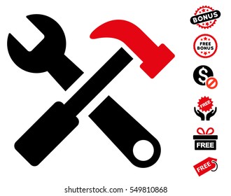 Hammer and Wrench pictograph with free bonus pictograms. Vector illustration style is flat iconic symbols, intensive red and black colors, white background.