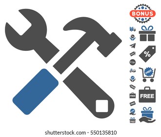 Hammer and Wrench pictograph with free bonus images. Vector illustration style is flat iconic symbols, cobalt and gray colors, white background.