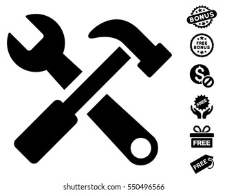 Hammer and Wrench pictograph with free bonus clip art. Vector illustration style is flat iconic symbols, black color, white background.