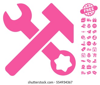 Hammer and Wrench pictograph with free bonus symbols. Vector illustration style is flat iconic symbols, pink color, white background.