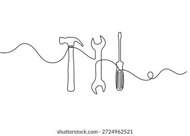 Llave de martillo y destornillador continuo de una línea de dibujo de herramientas de mano de Vector minimalista ilustración