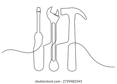 Chave de martelo e chave de fenda estilo minimalista de desenho contínuo de uma linha