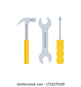 Hammer, wrench and screwdriver. Repair tools illustration. Service and maintenance instruments. Basic toolbox equipment.