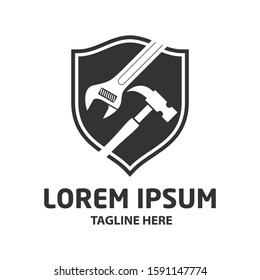 hammer and wrench with shield vector icon isolated on white background from construction collection. symbol of repair tool kit,symbol for logo, web, app, UI