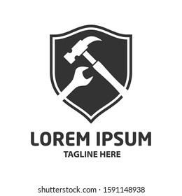 hammer and wrench with shield vector icon isolated on white background from construction collection. symbol of repair tool kit,symbol for logo, web, app, UI