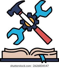 A hammer and wrench are shown in a book. Concept of fixing something or building something. Scene is practical and focused on tools and their uses