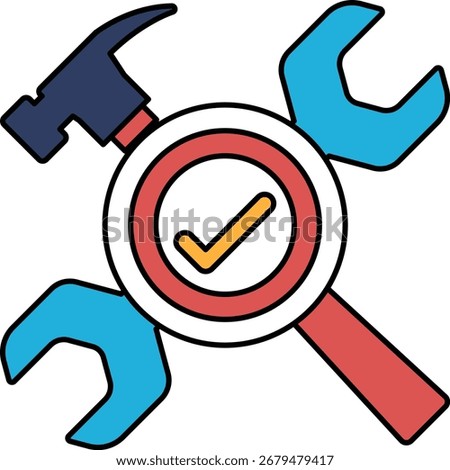 A hammer and a wrench are shown in a circle with a check mark in the middle. Concept of a tool being used to fix something