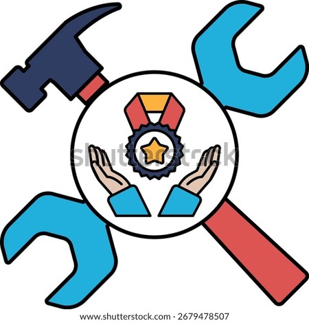 A hammer and wrench with a star and two hands holding a star. Concept of fixing things and being helpful