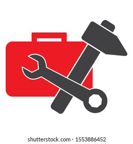 Hammer, wrench and tool case on white background. Black tool with red box.