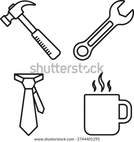 Hammer and Wrench Tool Icons Set with Necktie and Coffee Mug