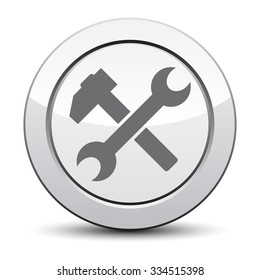 Hammer And Wrench vector icon. flat symbol, rounded angles, white background. silver button.