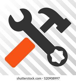 Hammer and Wrench vector icon. Illustration style is flat iconic bicolor orange and gray symbol on a hatched transparent background.