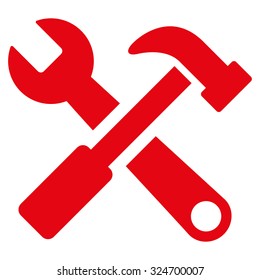 Hammer And Wrench vector icon. Style is flat symbol, red color, rounded angles, white background.