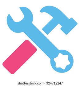 Hammer And Wrench vector icon. Style is bicolor flat symbol, pink and blue colors, rounded angles, white background.