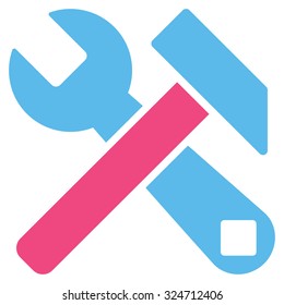 Hammer And Wrench vector icon. Style is bicolor flat symbol, pink and blue colors, rounded angles, white background.
