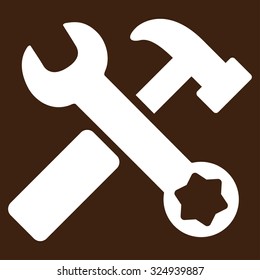 Hammer And Wrench vector icon. Style is flat symbol, white color, rounded angles, brown background.