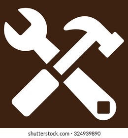 Hammer And Wrench vector icon. Style is flat symbol, white color, rounded angles, brown background.