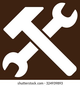 Hammer And Wrench vector icon. Style is flat symbol, white color, rounded angles, brown background.