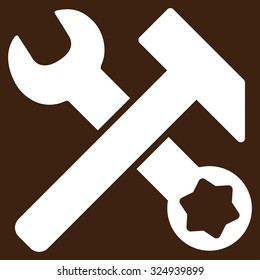 Hammer And Wrench vector icon. Style is flat symbol, white color, rounded angles, brown background.