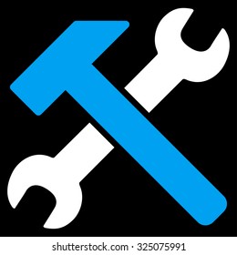 Hammer And Wrench vector icon. Style is bicolor flat symbol, blue and white colors, rounded angles, black background.