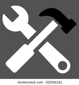 Hammer And Wrench vector icon. Style is bicolor flat symbol, black and white colors, rounded angles, gray background.