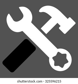 Hammer And Wrench vector icon. Style is bicolor flat symbol, black and white colors, rounded angles, gray background.