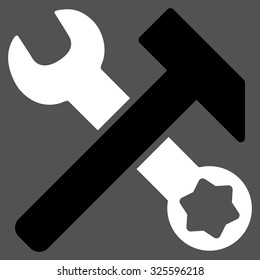 Hammer And Wrench vector icon. Style is bicolor flat symbol, black and white colors, rounded angles, gray background.