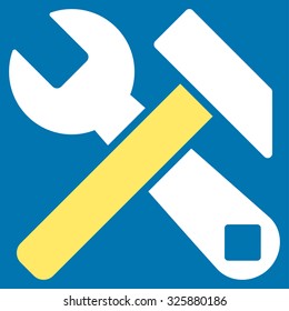 Hammer And Wrench vector icon. Style is bicolor flat symbol, yellow and white colors, rounded angles, blue background.