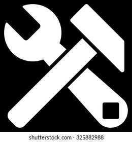 Hammer And Wrench vector icon. Style is flat symbol, white color, rounded angles, black background.