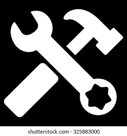 Hammer And Wrench vector icon. Style is flat symbol, white color, rounded angles, black background.
