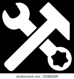 Hammer And Wrench vector icon. Style is flat symbol, white color, rounded angles, black background.