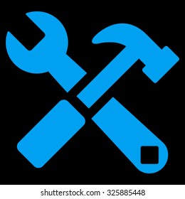 Hammer And Wrench vector icon. Style is flat symbol, blue color, rounded angles, black background.