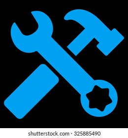 Hammer And Wrench vector icon. Style is flat symbol, blue color, rounded angles, black background.