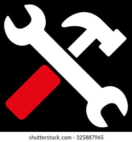 Hammer And Wrench vector icon. Style is bicolor flat symbol, red and white colors, rounded angles, black background.