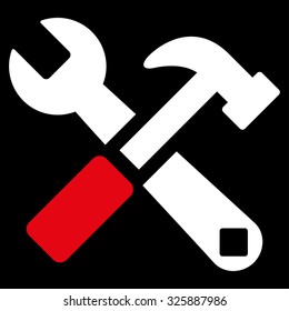 Hammer And Wrench vector icon. Style is bicolor flat symbol, red and white colors, rounded angles, black background.